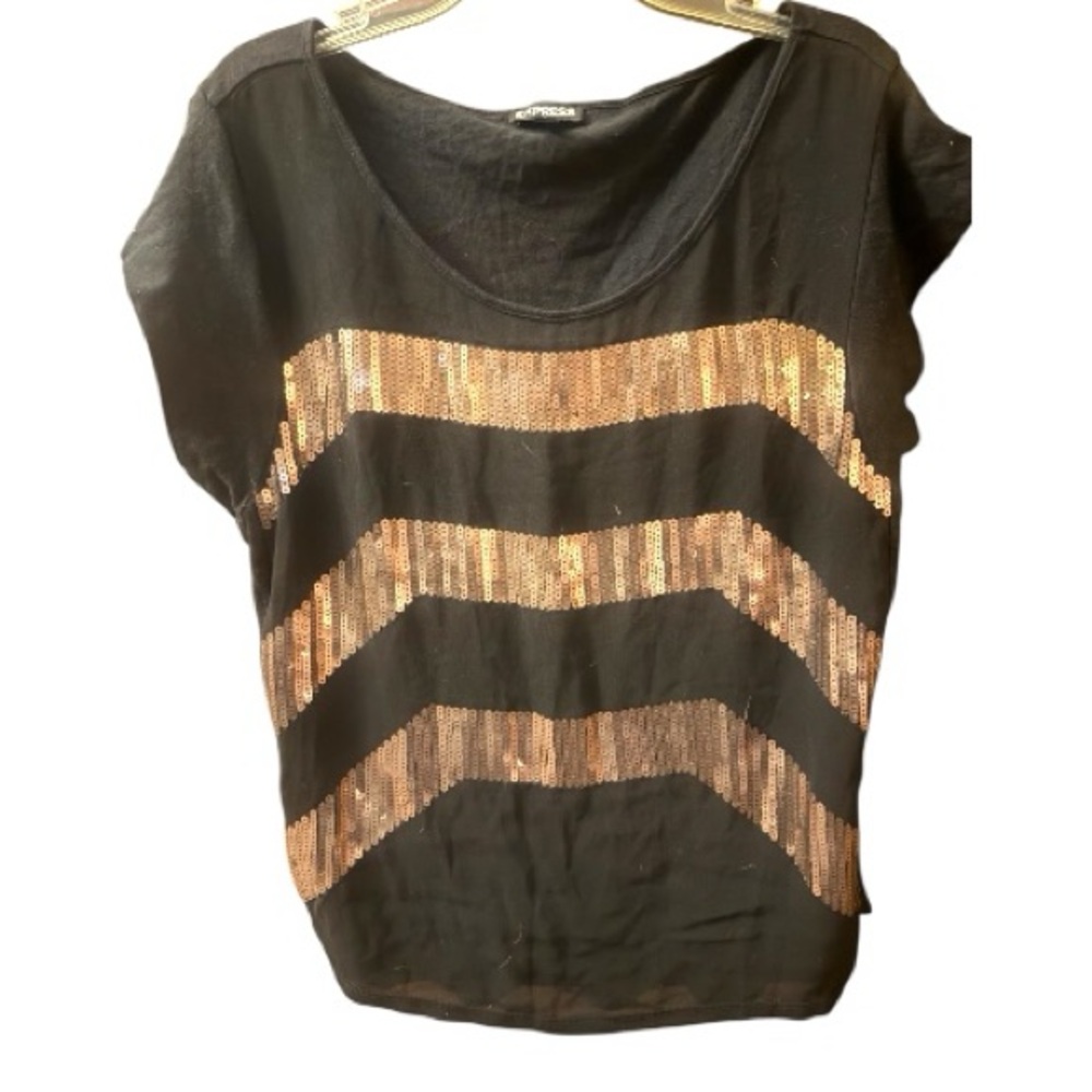 Express Black Top with Gold Sequin Stripes